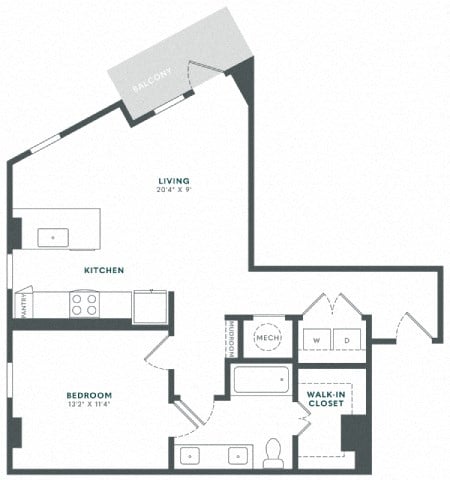 Floor plan for 1 bed, 1 bath, 809 sqft